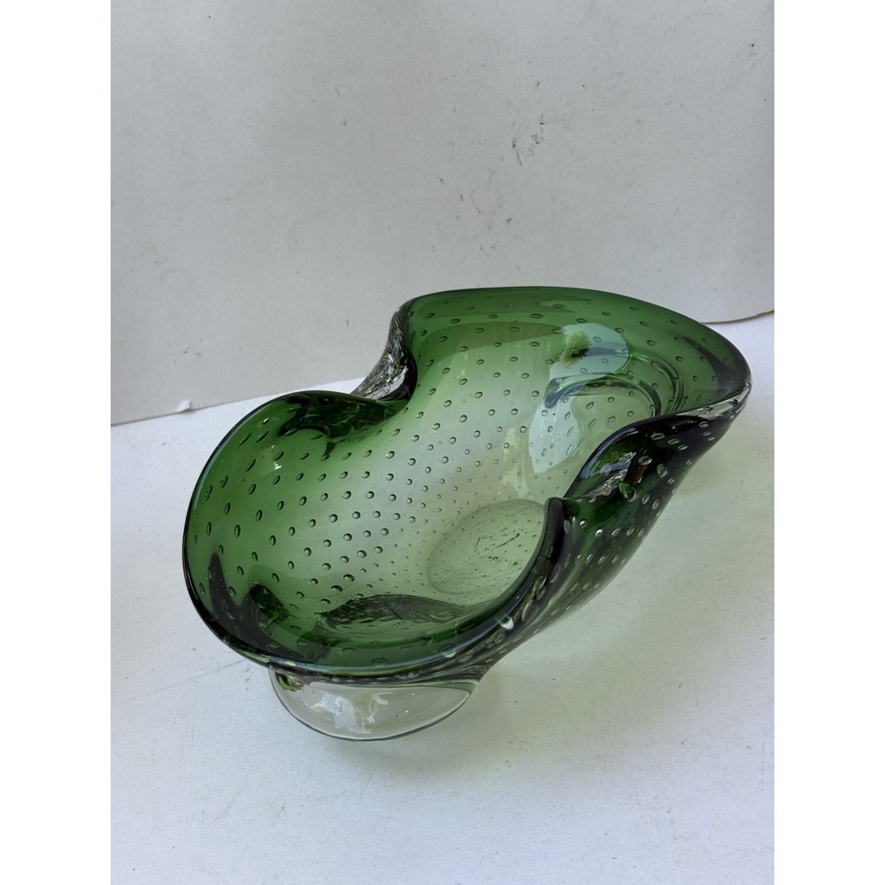 Murano Bullicante Art Glass Emerald Green Bubbles Mid Century Bowl Ashtray